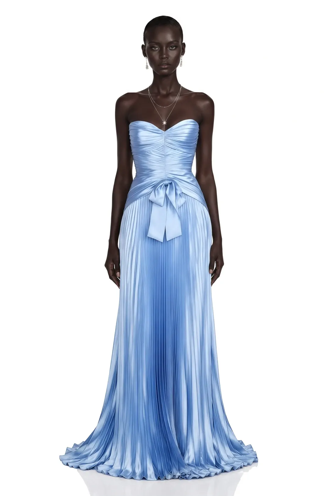 Lussooy Stunning Blue Sweetheart Pleated Sleeveless Floor Length Prom Dress with Bow