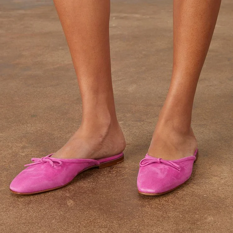 Pink Vegan Suede Square-Toe Flat Mules with Bow Decor |FSJ Shoes