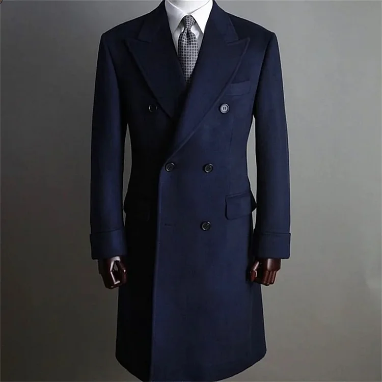 Men's Winter Coat Casual Solid Lapel Collar Double-Breasted Long Sleeve Mid-Length Woolen Coats