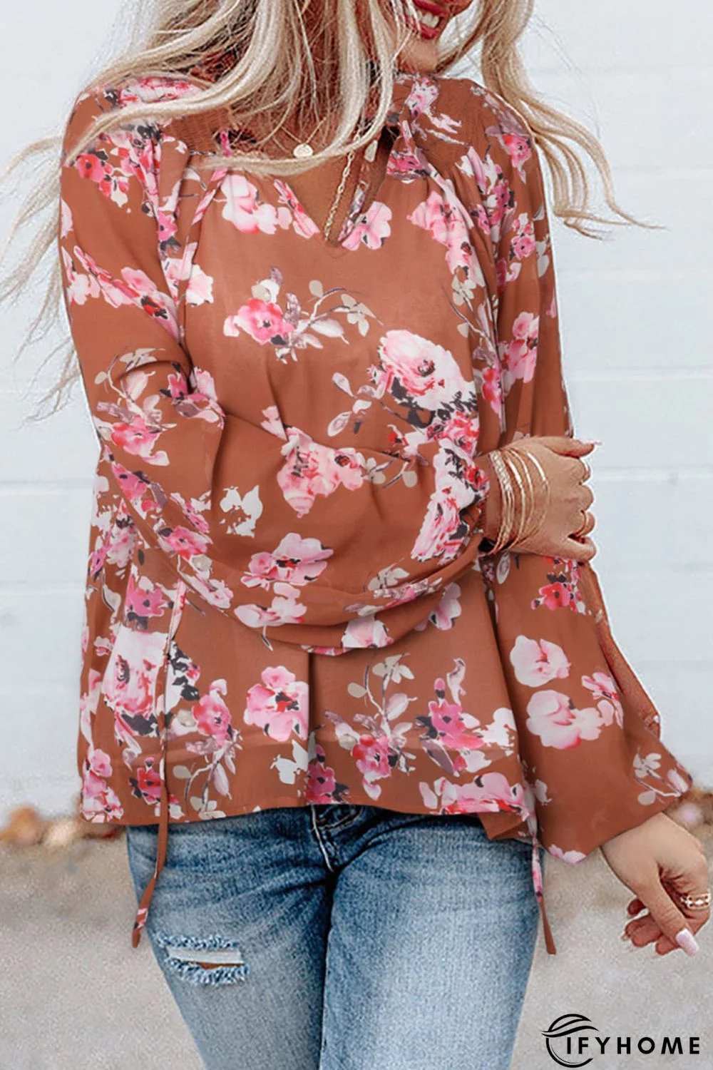 Multicolor Split V Neck Bubble Sleeves Floral Shift Top | IFYHOME