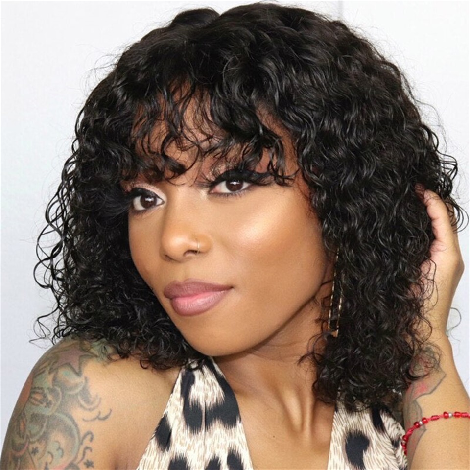 Black Brazilian Remy Curly Hair Bob Wig With Bangs Glueless Wigs