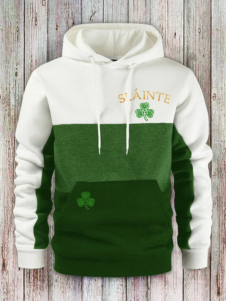 Men's Slainte Shamrock Print Color Block St Patrick's Day Hoodie