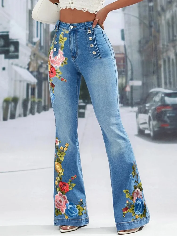 Ursime Daily Floral Embroidery Denim High Waist Button Design Jeans