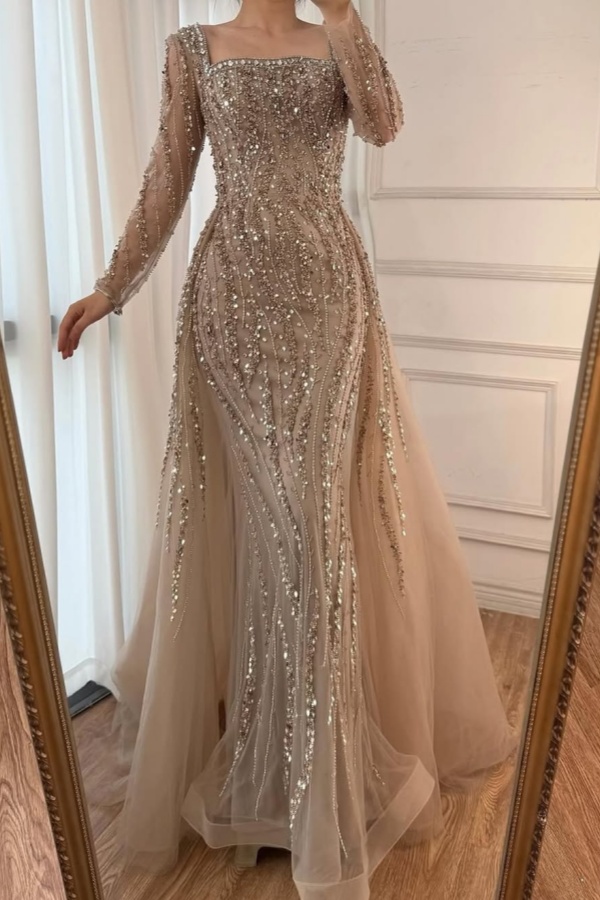 fitted lace wedding dress Square-Neck Long Sleeves Midi Mermaid Prom Dress Fully Sequined Beaded –  Laxag main image 0