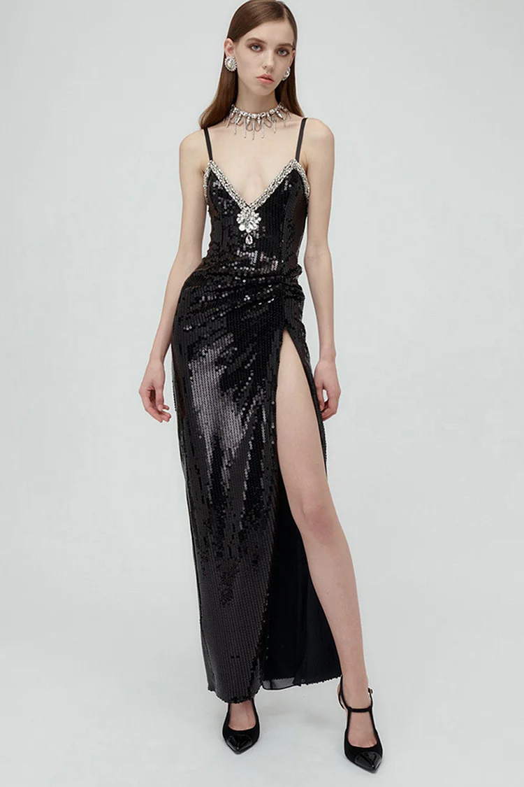 High Split Rhinestone Inlaid Cami Sequins Dress-Black