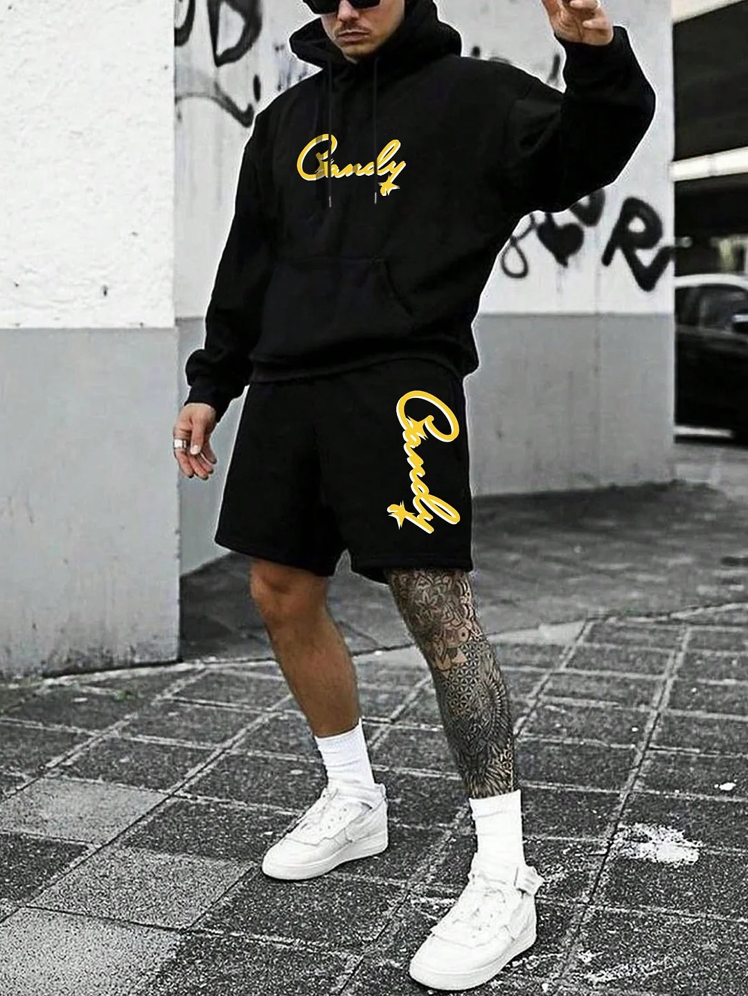 Lovely Letter Printed Hoodie and Shorts Black Suit