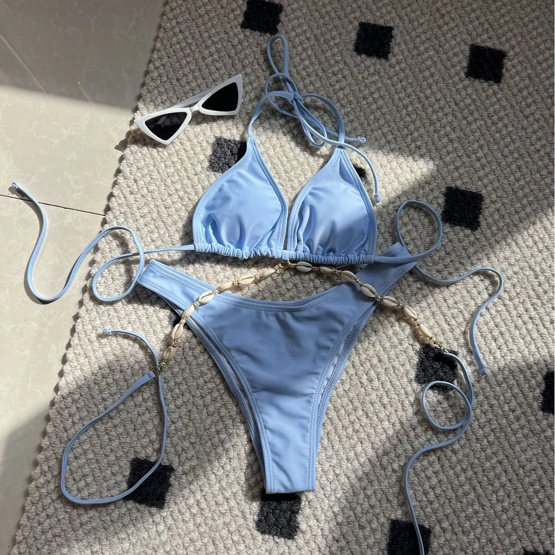 Uveng 2024 Plain Color New Sexy Shell Chain Swimsuit Bikini Bikini