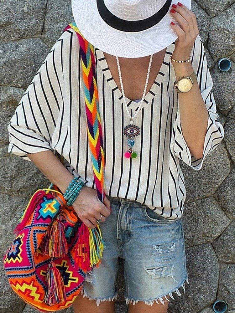 3/4 Sleeve Stripe Loose Casual Blouse For Women P1445933