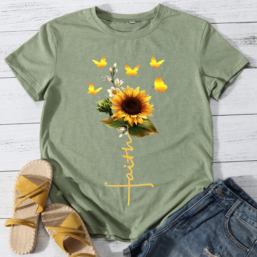 Faith Butterfly Sunflowers Casual Round Neck T-Shirt -BSTC1330-Guru-buzz