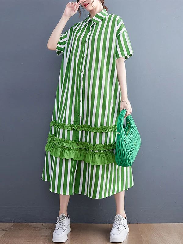 Artistic Retro Roomy Short Sleeves Contrast Color Striped Falbala Midi Shirt Dress