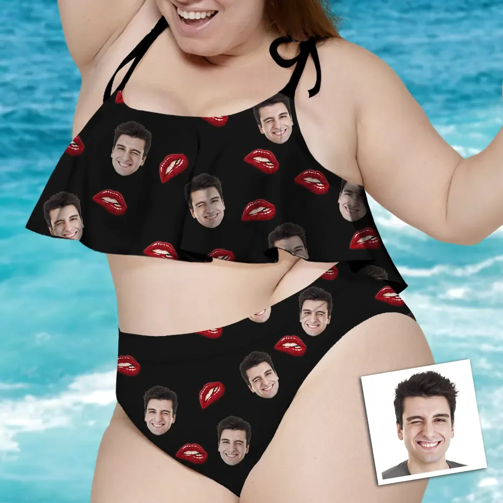 Custom Red Lips Women's Ruffle Summer Bikini High Waisted Bathing Suits Gift For Her
