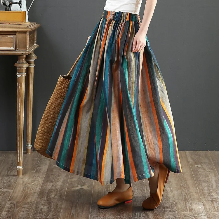 Vintage Floral Ramie Elastic Waist Skirt