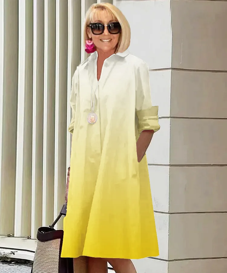 Spring and Summer Gradient Color Fashion Elegant Shirt Collar Long Sleeve Pocket Mid-Length Dress VangoghDress