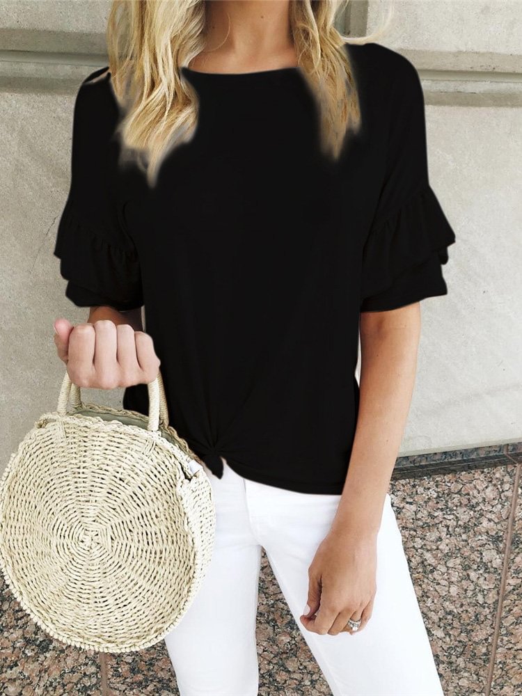 Frill Short Sleeve Solid Color Casual T shirt P1461617