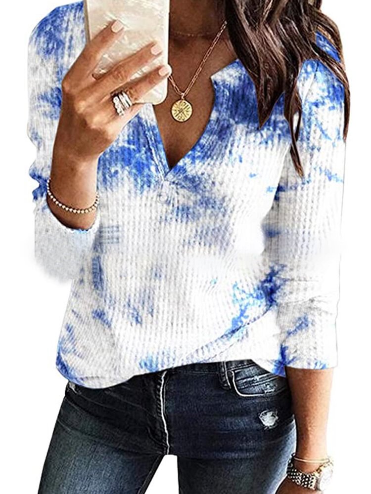 Tie dye Long Sleeve Notched Neck T shirt For Women P1720476