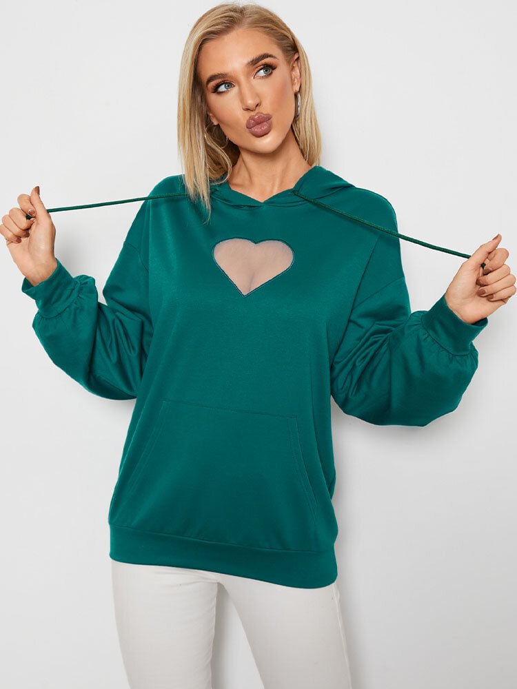 Heart Mesh Kangaroo Pocket Drawstring Loose Hoodie