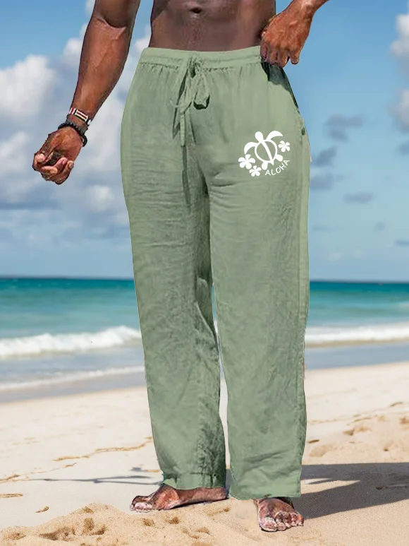 Suitmens Men's Turtle ALOHA Pattern Cotton And Linen Trousers