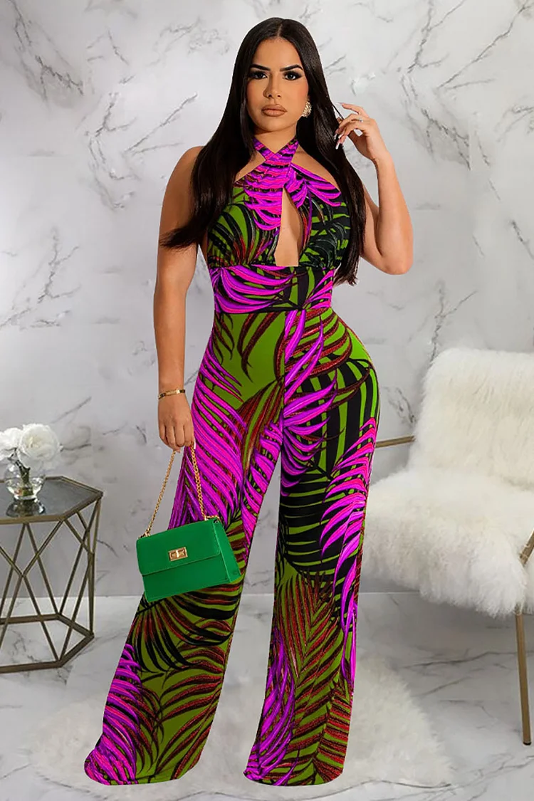 Printed Halter Cut Out Backless Wide Leg Jumpsuit