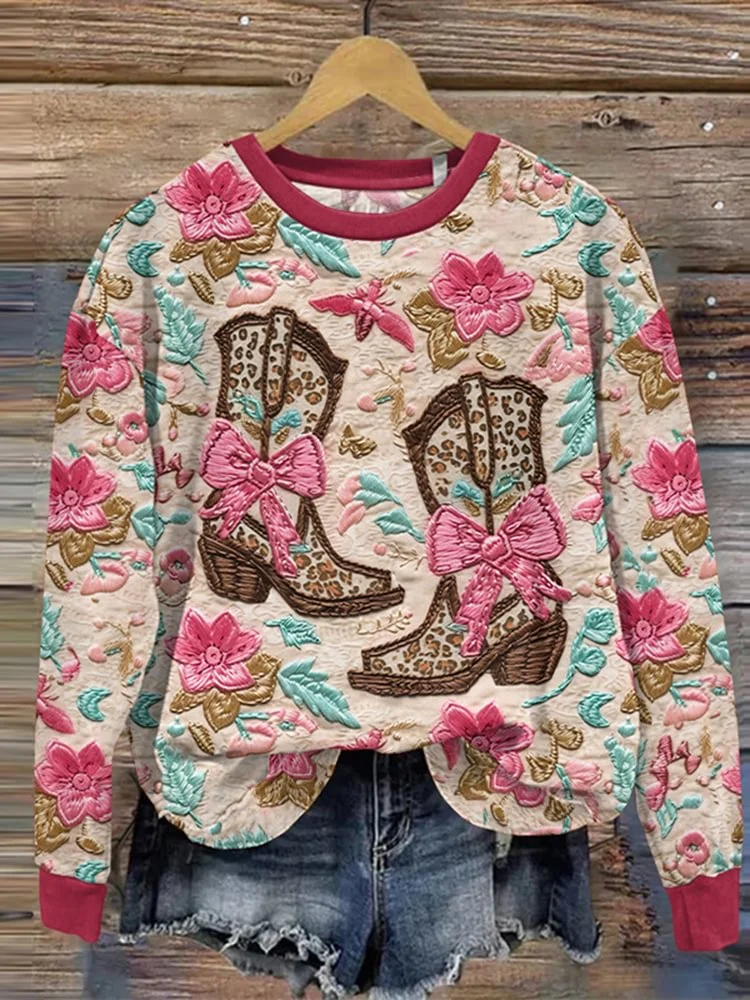 Vintage Western Boots and Floral Printed Casual Sweatshirt