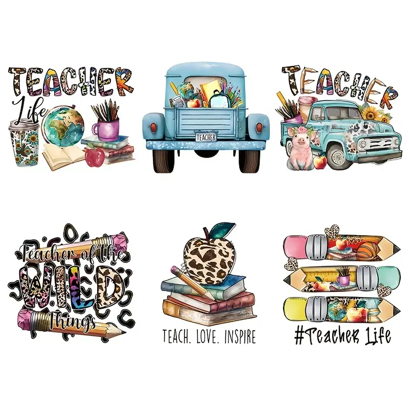 6pcs Teacher Charm Heat Transfer Sticker Boho Iron On Patches For Suitcase T-shirt Washable Clothes Stickers Teacher's Day Gift-Guru-buzz