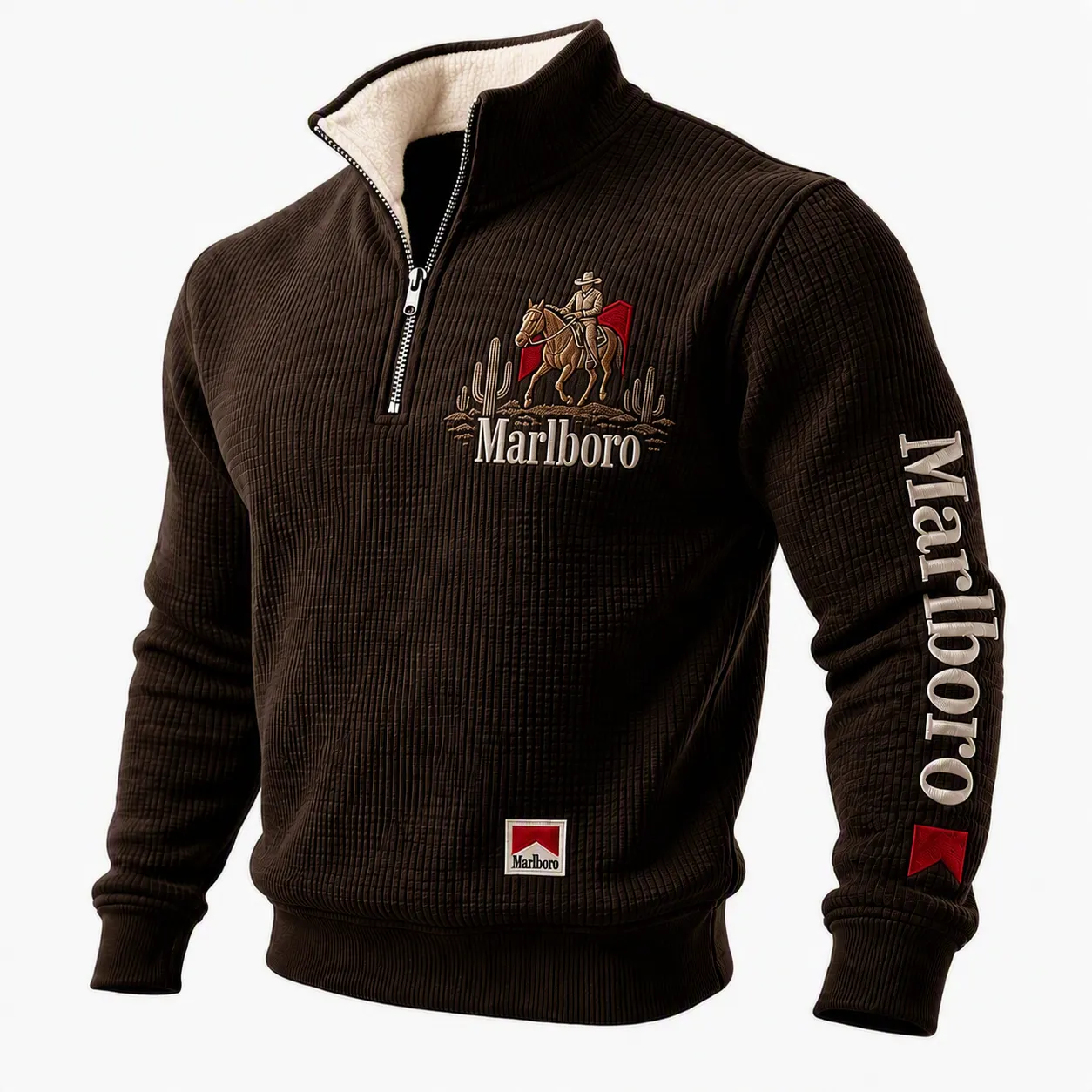 Men's High-End Cashmere Knitwear Quarter-Zip Pullover Sweater With Southwest Embroidery And Sherpa Lining