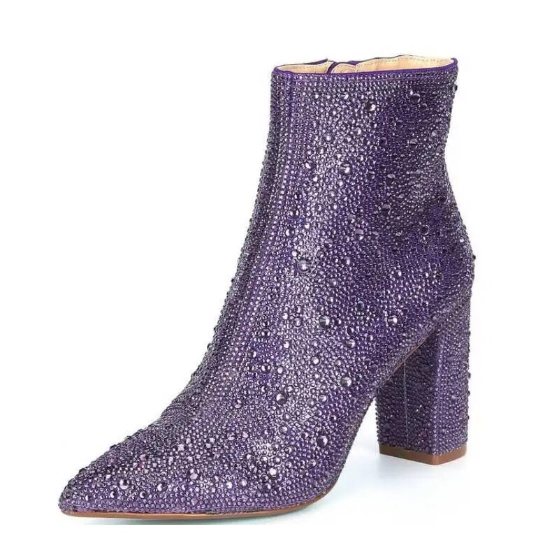 VCSHOES Women Sequin Glitter Ankle Boots Full Crystal Chunky Heels Blingbling Rhinestone Pointed Toe Sparkly Booties