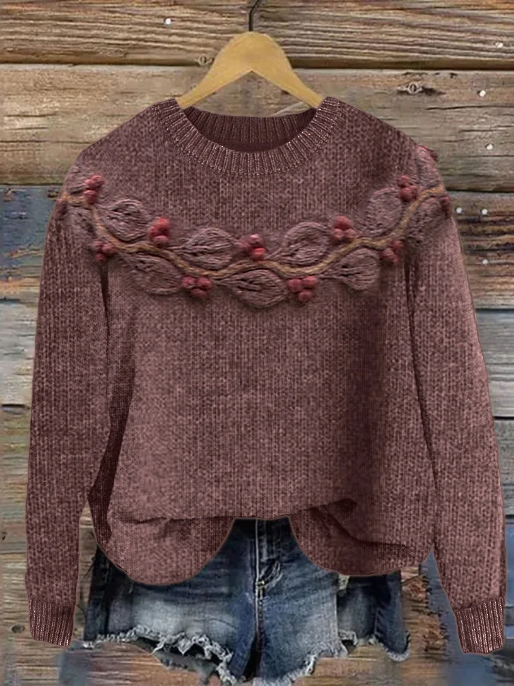 VChics Berry Vine Crochet Cozy Knit Yoke Sweater