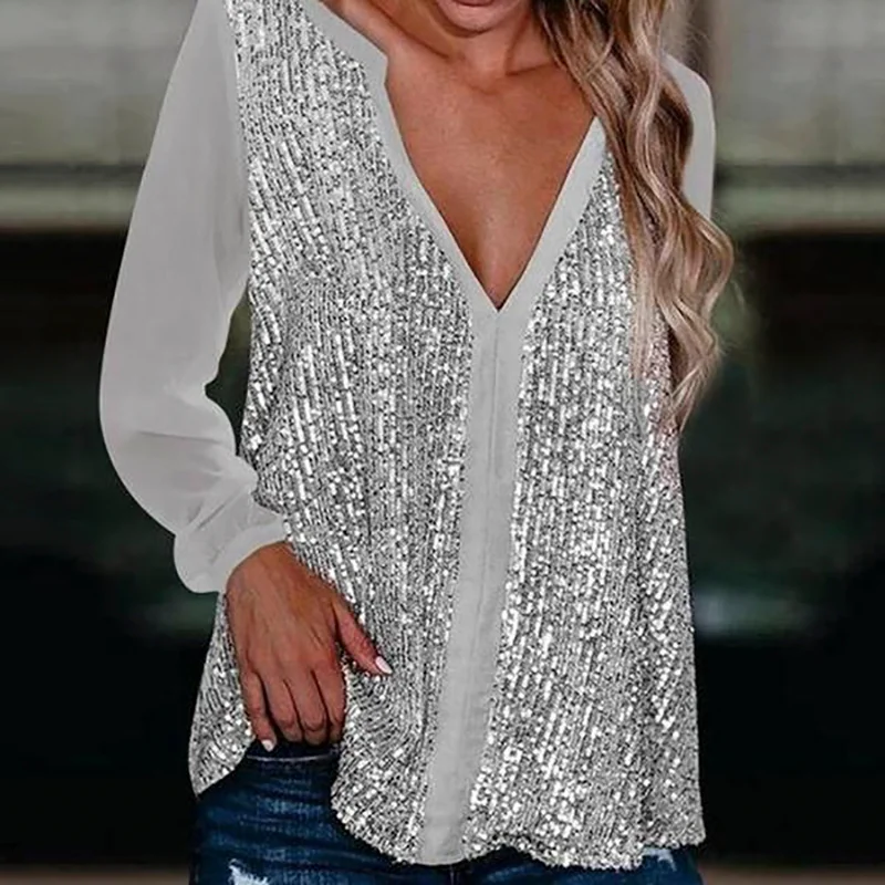Long-sleeved V-neck sequined loose and comfortable top