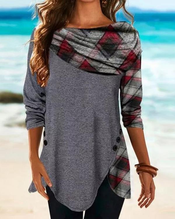 Check Round Neck Long Sleeve Casual T-shirts