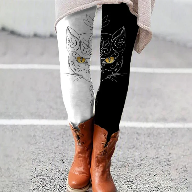 Vefave Colorblock Cat Print Casual Leggings