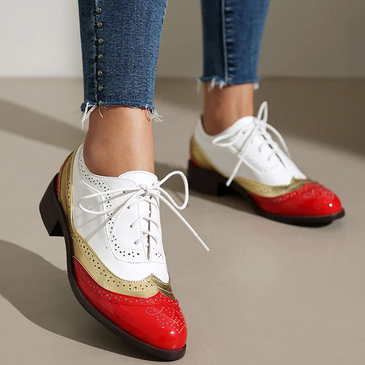 Colorblocking Quilted Openwork Design Lace Up Brogue Oxfords