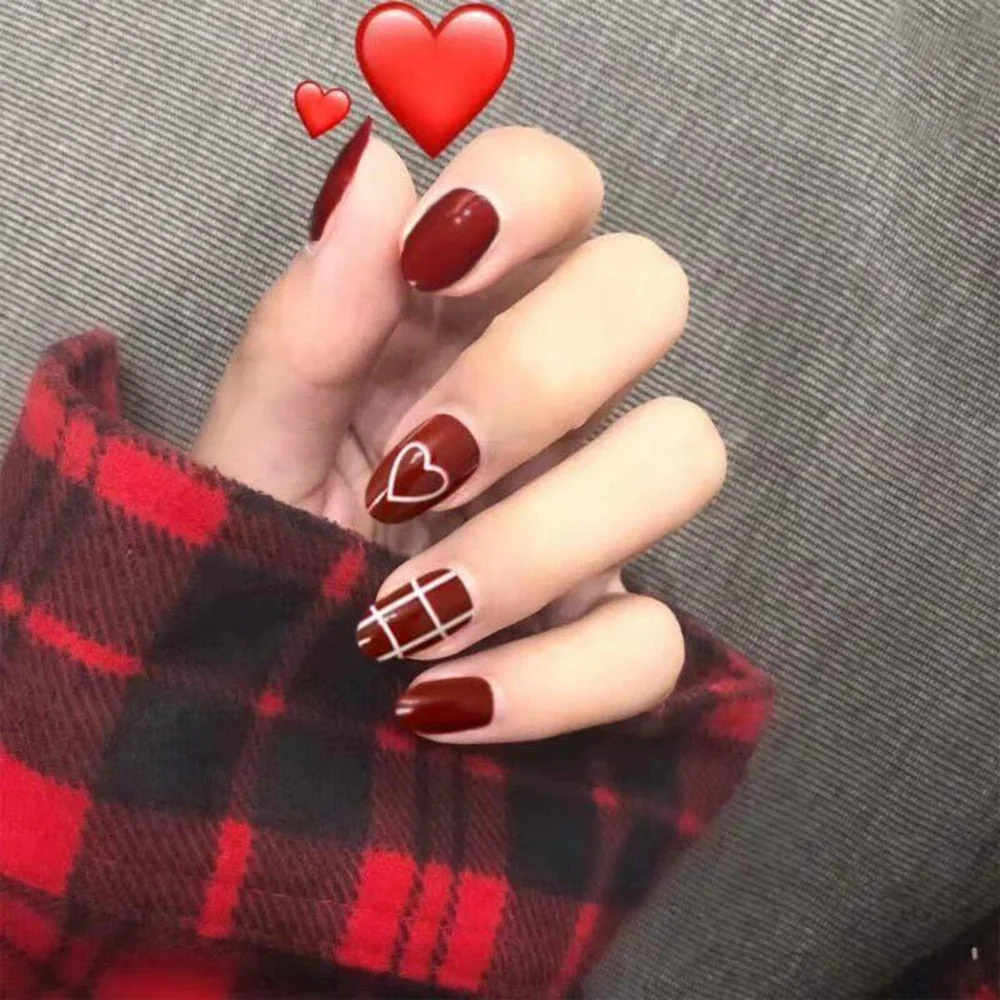 24Pcs Middle Length Ballerina Nude Pink Color False Nails Design With Heart Pattern DIY