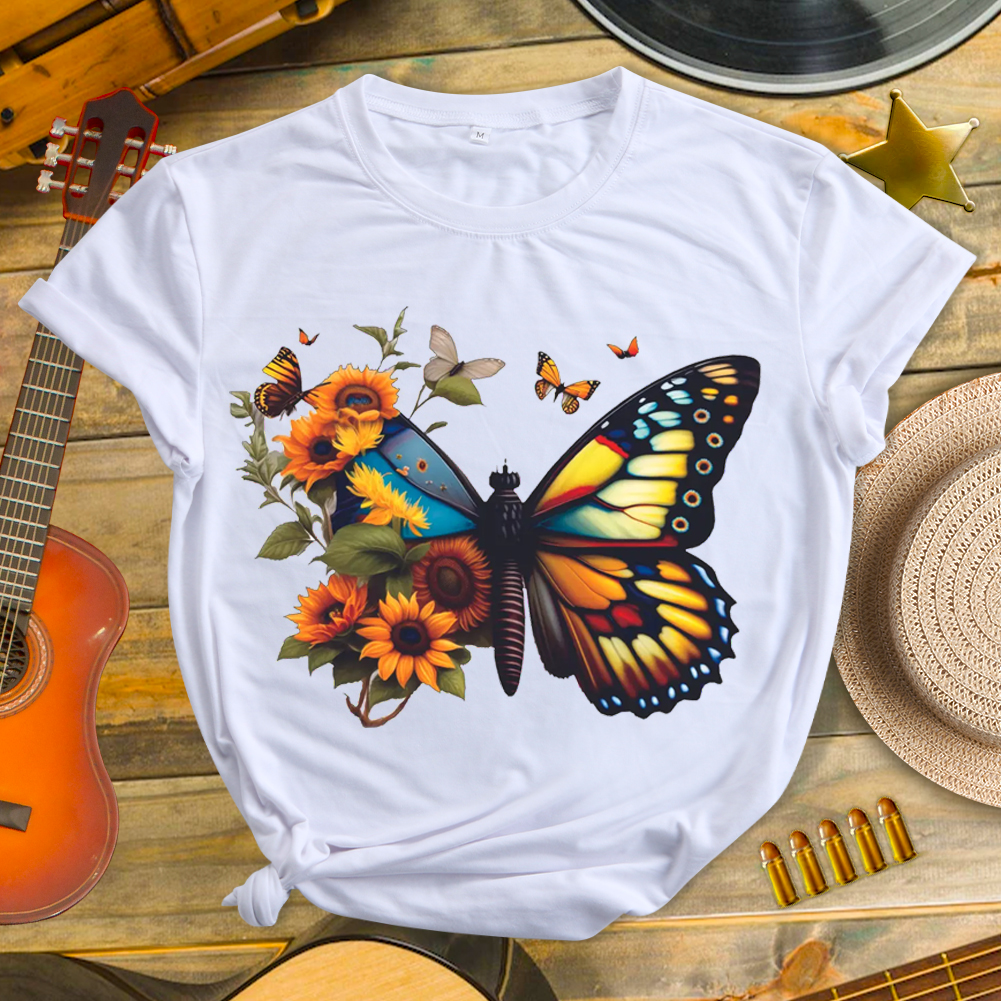Colorful Creative Flower Butterfly Pattern Neck T-shirt-Guru-buzz