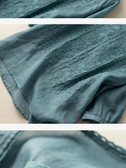 Embroidered Round Neck Half Sleeve Casual Linen Tee Top