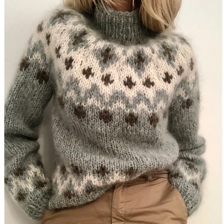Casual Loose Turtleneck Jacquard Knit Sweater