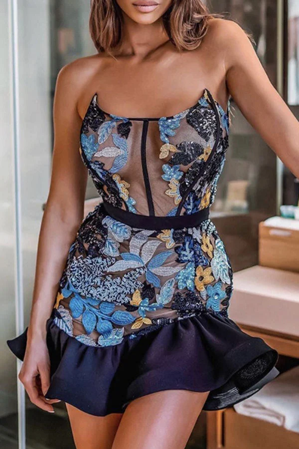 Floral Embroidery Romantic See-Through Mini Dress