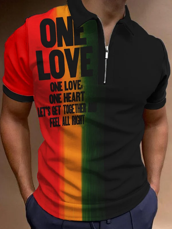 Men's Colorblock One Love One Heart Print Golf Zip Polo Shirt