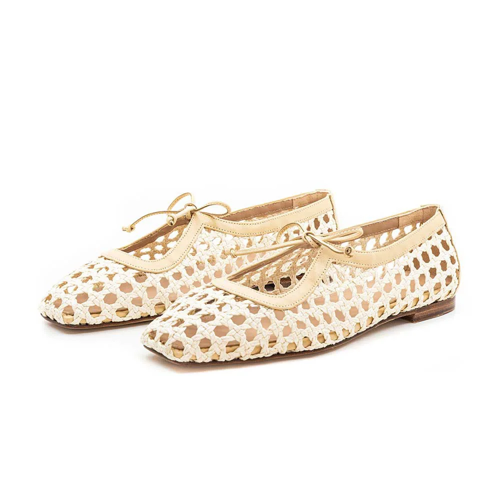 Beige Woven Hollow-Out Square Toe Lace-Up Casual Flats Nicepairs