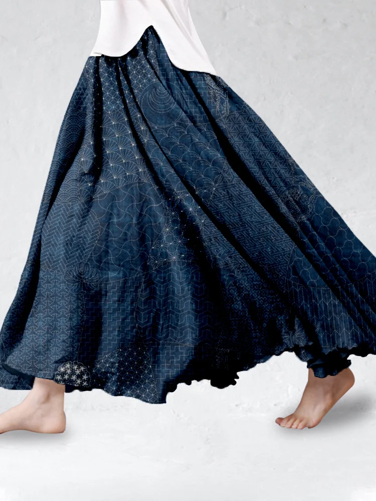 Comstylish Japanese Traditional Sashiko Art Linen Blend Flowy Wide Skirt