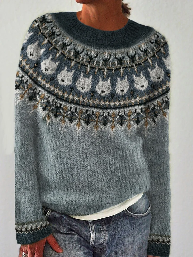VChics Wild Wolf Inspired Knit Cozy Yoke Sweater