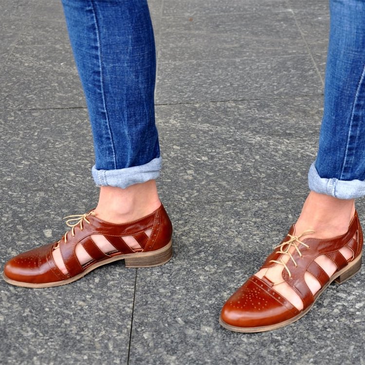 Brown Comfortable Shoes Round Toe Lace up Women's Oxfords |FSJ Shoes