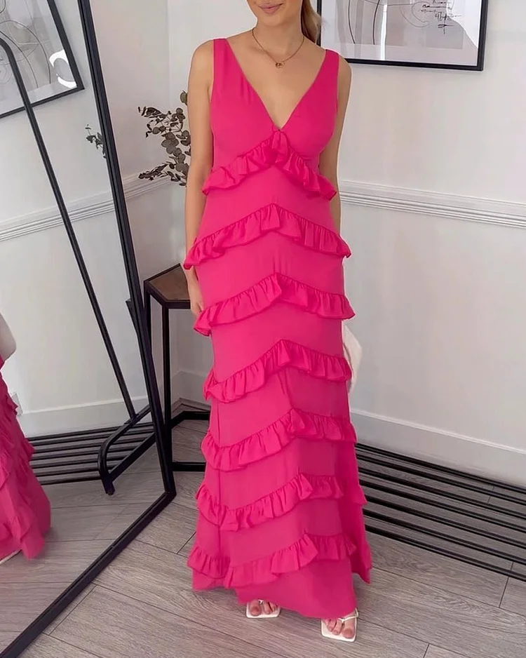 Elegant Solid Color V-neck Dress