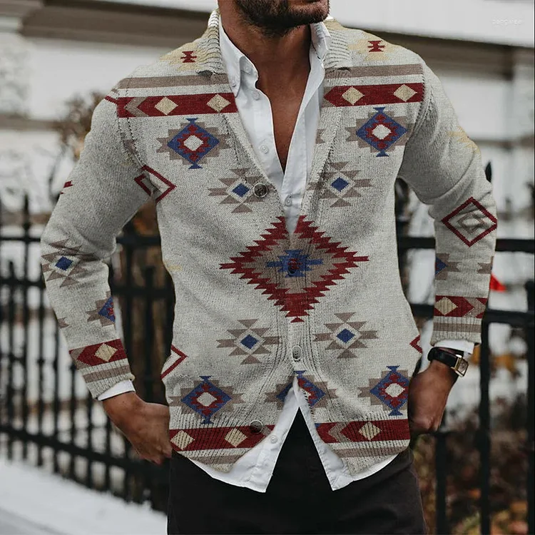 Men's Casual Classic Ethnic Printed Knitted Button Cardigan