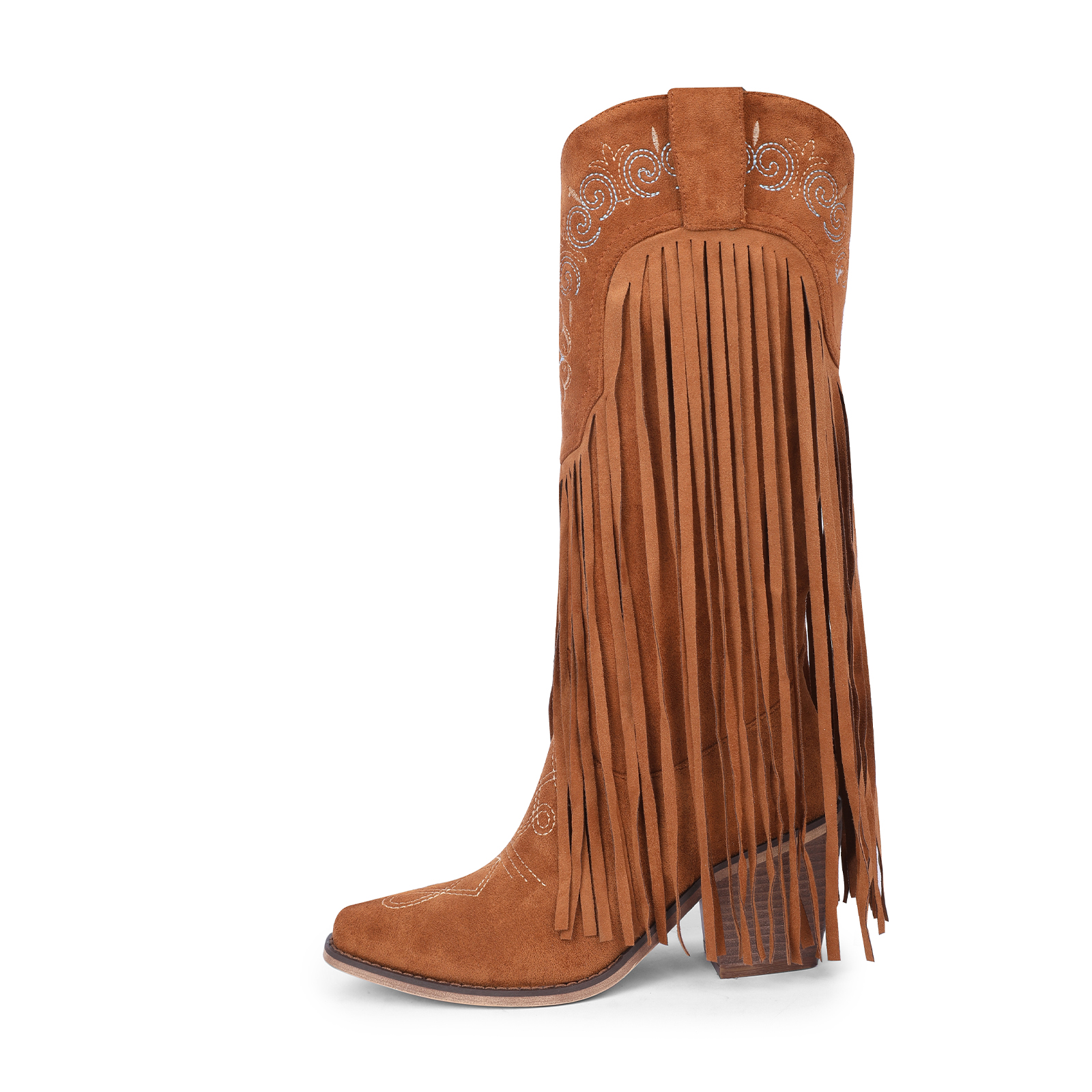 TAAFO Chunky Heel Fancy Pink Knee High Boots Texas Cowgirl Boots Western Long Fringe Cowboy Boots With Tassels