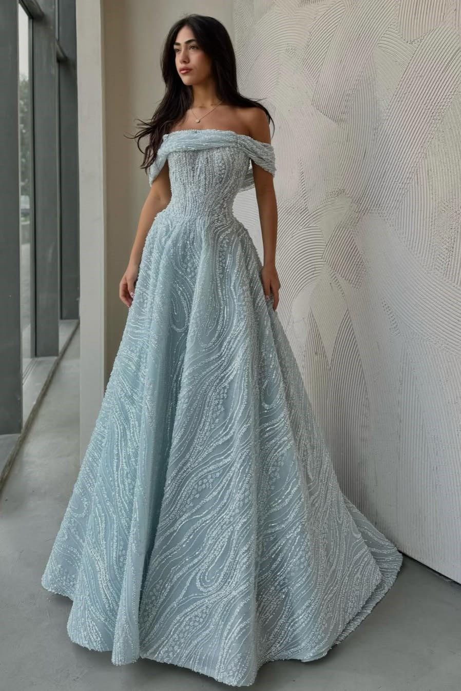 Lussooy Baby Blue Off the Shoulder Straight Across A-Line Prom Dress with Applique