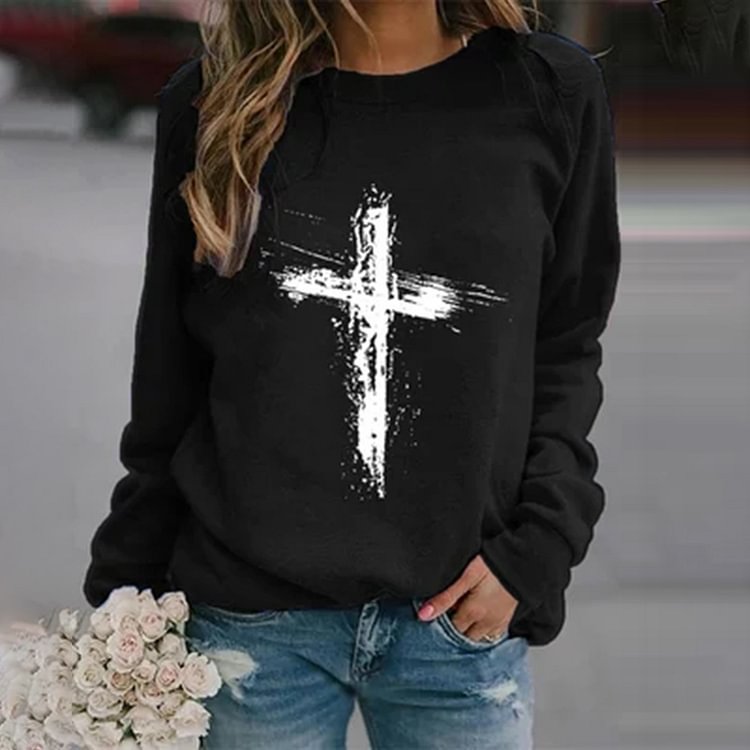 Comstylish Faith Cross Print Round Neck Long Sleeve Sweatshirt