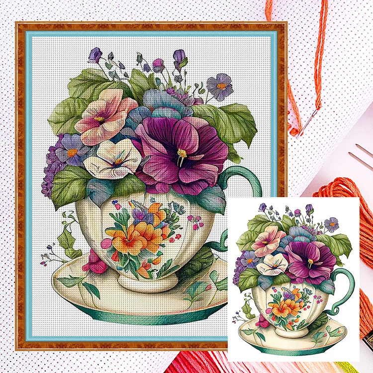 Flowers In Tea Cup (20*25cm) 18CT Counted Cross Stitch gbfke