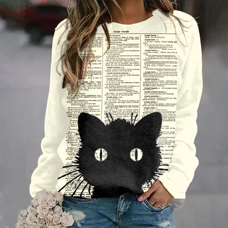 Vefave Casual Newspaper Cat Print Sweatshirt