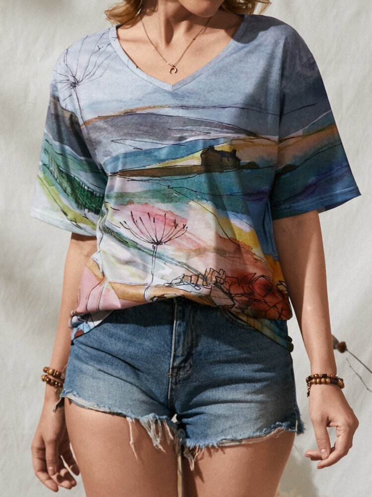 Women Landscape Prints Short Sleeve Loose V neck Casual T Shirt P1844787