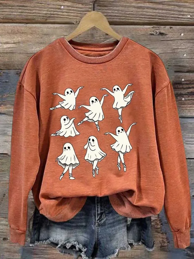 Women's Dancing Ghost Print Round Neck Sweatshirt socialshop
